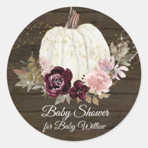 Burgundy Floral Pumpkin Pink Gold Wood Baby Shower Classic Round Sticker