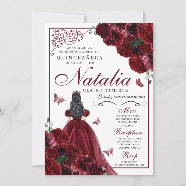 Burgundy Floral Quinceanera Birthday Invitation (Front)