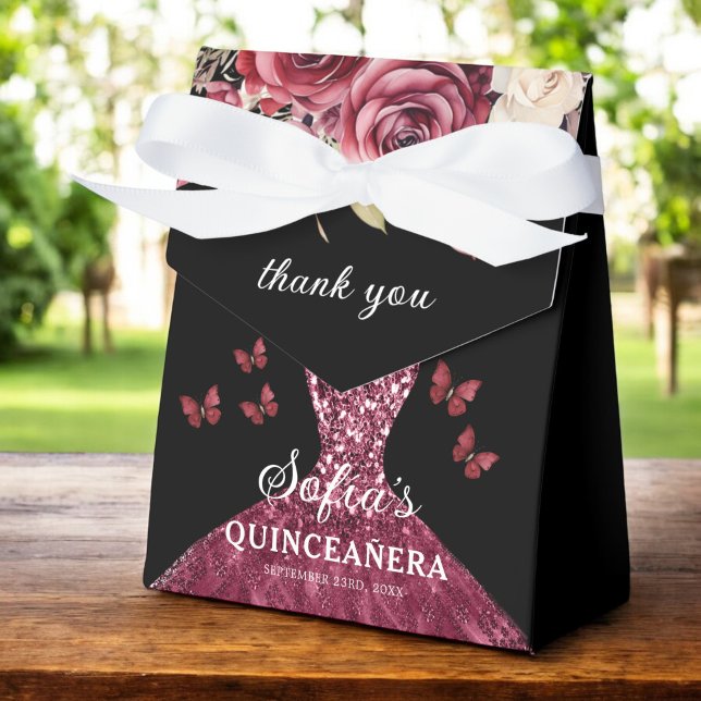 Burgundy Floral Quinceañera Butterflies Favor Box (Creator Uploaded)