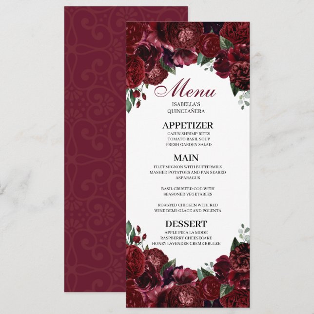 Burgundy Floral Quinceanera Menu Invitation (Front/Back)