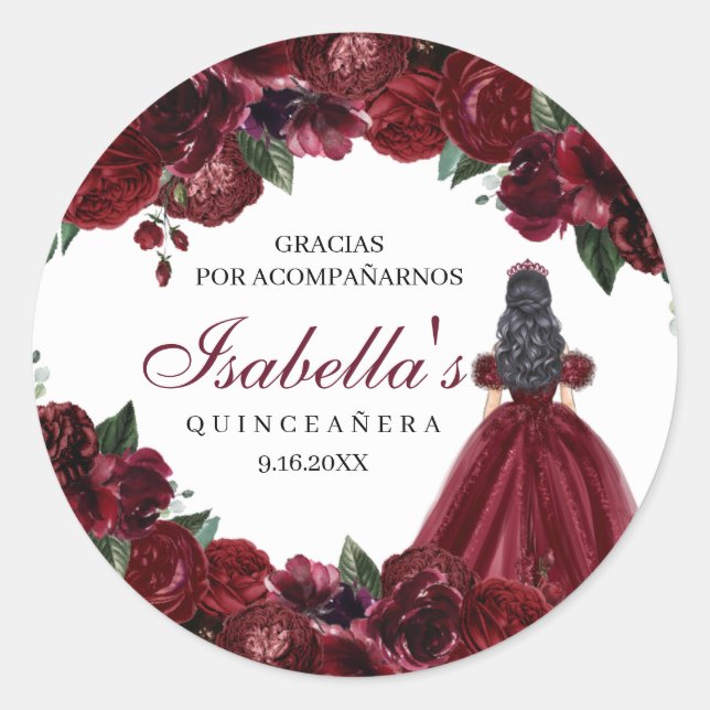 Burgundy Floral Quinceanera Round Stickers (Front)