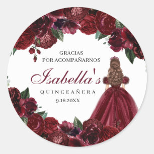 Burgundy Floral Quinceanera Round Stickers