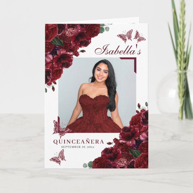 Burgundy Floral Quinceanera Tiara Butterflies Program (Front)