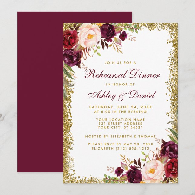 Burgundy Floral Rehearsal Dinner Gold Glitter Invitation (Front/Back)