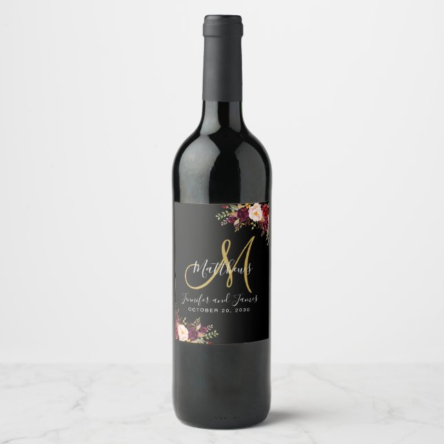 Burgundy Floral Rose Black Gold Monogram Wedding Wine Label (Front)