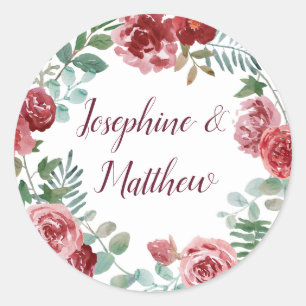 Burgundy Floral Rose Foliage Wedding Classic Round Sticker