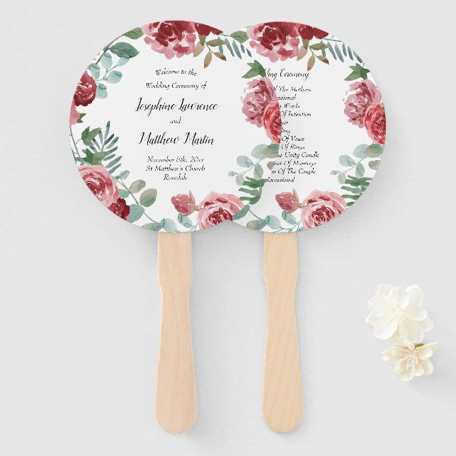 Burgundy Floral Rose Foliage Wedding Programs Hand Fan (Front and Back)