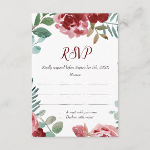 Burgundy Floral Rose Foliage Wedding RSVP Cards