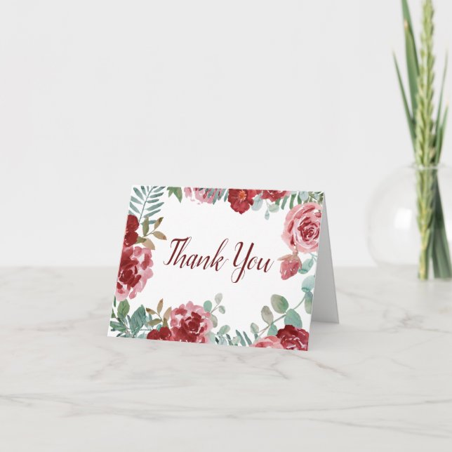 Burgundy Floral Rose Foliage Wedding Thank You (Front)