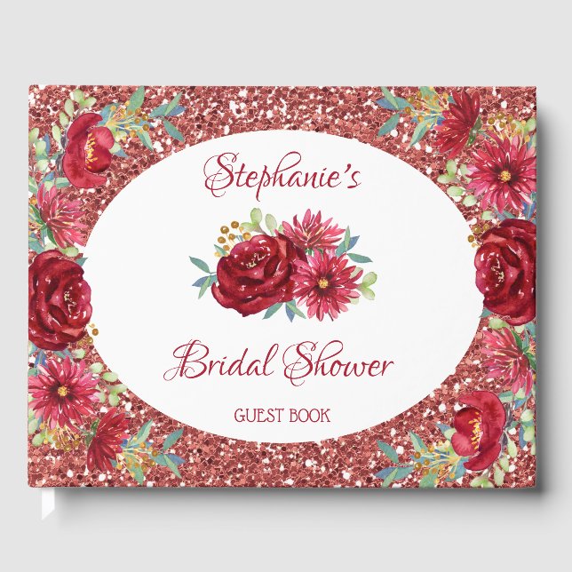 Burgundy Floral Rose Gold Glitter Bridal Shower Guest Book (Front)