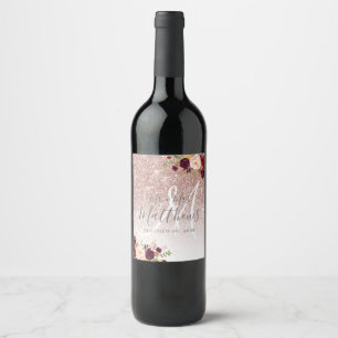 Burgundy Floral Rose Gold Glitter Monogram Wedding Wine Label