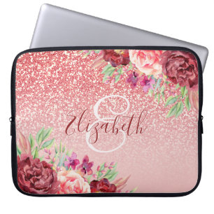 Burgundy Floral Rose Gold Glitter Personalized Laptop Sleeve