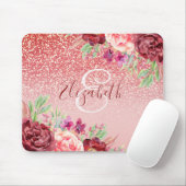 Burgundy Floral Rose Gold Glitter Personalized Mouse Pad (With Mouse)