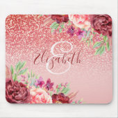 Burgundy Floral Rose Gold Glitter Personalized Mouse Pad (Front)