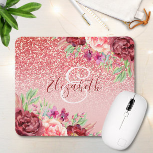Burgundy Floral Rose Gold Glitter Personalized Mouse Pad