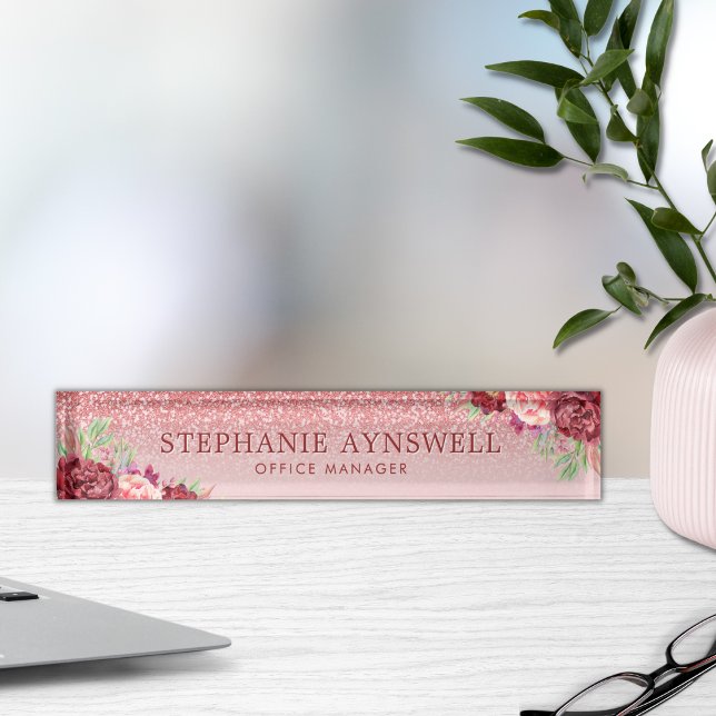 Burgundy Floral Rose Gold Glitter Personalized Nameplate (Creator Uploaded)
