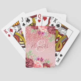Burgundy Floral Rose Gold Glitter Personalized Playing Cards