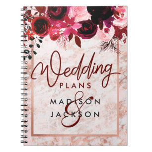 Burgundy Floral & Rose Gold Marble Wedding Planner Notebook