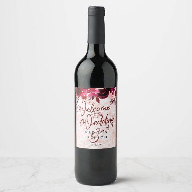 Burgundy Floral & Rose Gold Marble Wedding Welcome Wine Label (Front)