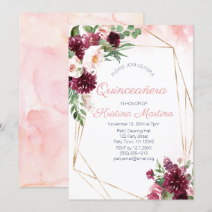 Burgundy Floral Rose Gold Quinceañera Birthday Invitation