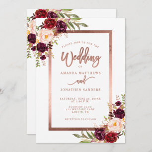 Burgundy Floral Rose Gold Script Elegant Wedding Invitation
