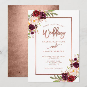 Burgundy Floral Rose Gold Script Wedding Invitation