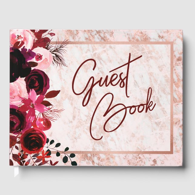 Burgundy Floral & Rose Gold Wedding Monogram Guest Book (Front)