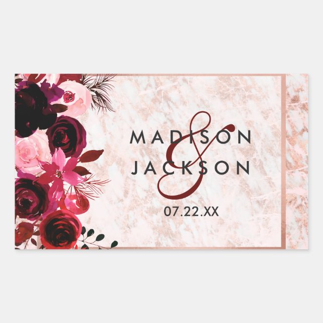 Burgundy Floral & Rose Gold Wedding Monogram Sticker (Front)