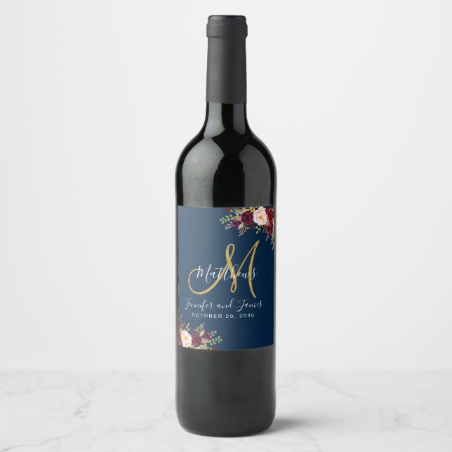 Burgundy Floral Rose Navy Blue Monogram Wedding Wine Label (Front)