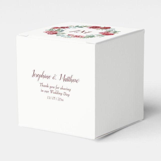 Burgundy Floral Rose Wreath Monogram Wedding Favor Box (Front Side)