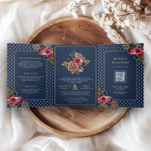 Burgundy Floral Roses All in One Navy Blue Wedding Tri-Fold Invitation