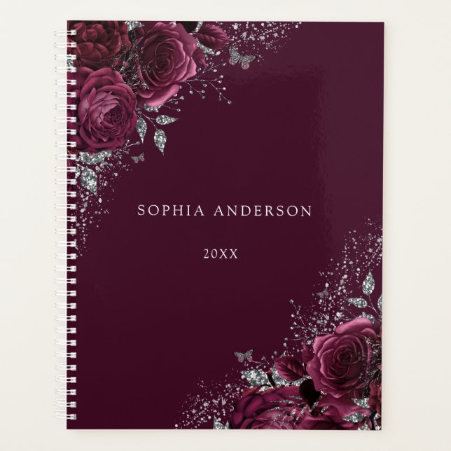 Burgundy Floral Roses Beautiful Personal Planner (Front)