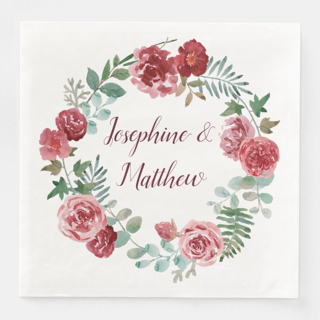 Burgundy Floral Roses Foliage Wreath Wedding Napkin (Front)