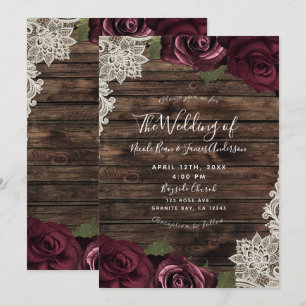 Burgundy Floral Roses Rustic Wood Lace Wedding Invitation