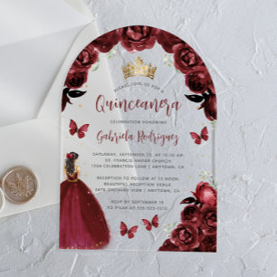 Burgundy Floral Roses Watercolor Quinceañera Acrylic Invitations