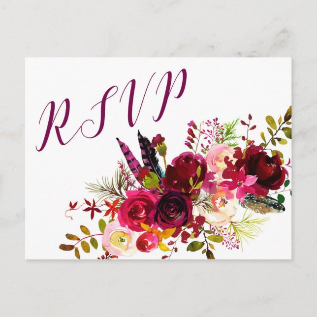 Burgundy Floral RSVP reply 3979, entree choices Invitation Postcard (Front)