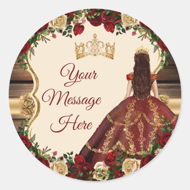 Burgundy Floral Rustic 15 Años Your Message Here Classic Round Sticker (Front)