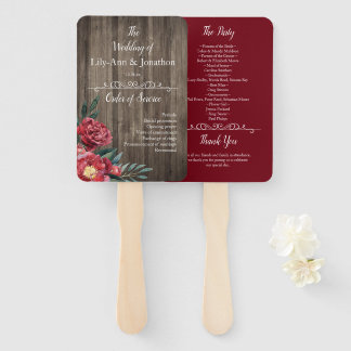 Burgundy Floral Rustic Barn Wood Wedding Hand Fan