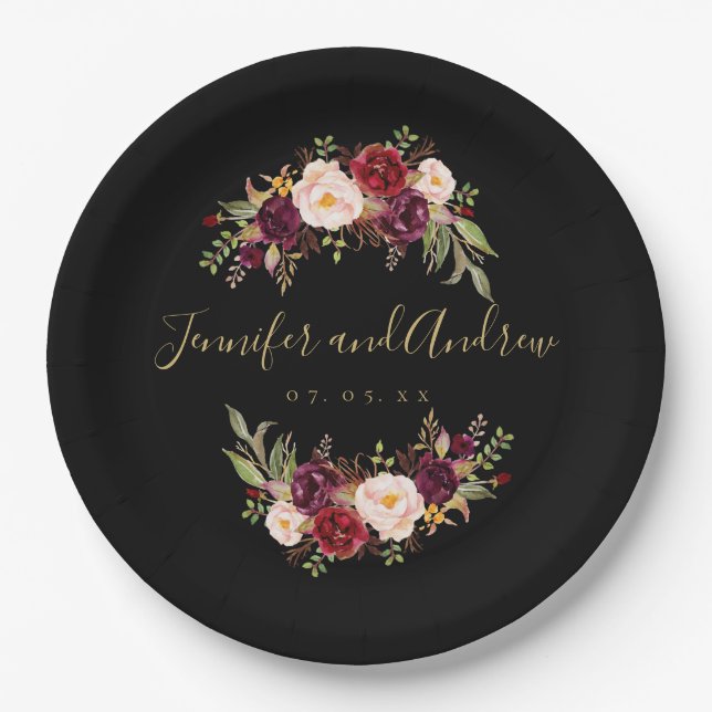 Burgundy Floral Rustic Black Gold Engagement Party Paper Plate (Front)