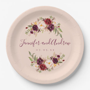 Burgundy Floral Rustic Blush Pink Engagement Party Paper Plate