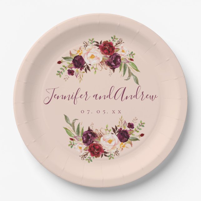 Burgundy Floral Rustic Blush Pink Engagement Party Paper Plate (Front)