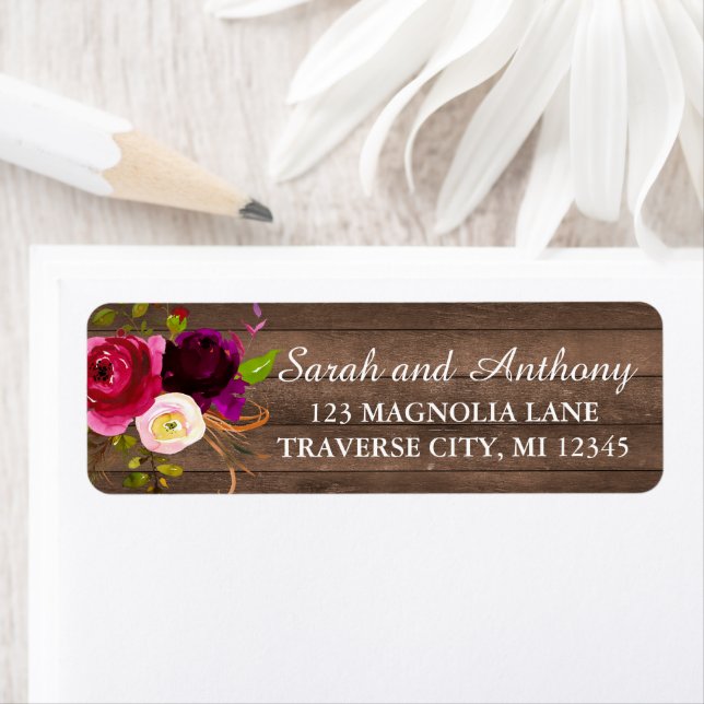 Burgundy Floral Rustic Gold Blush Rose Address (Insitu)