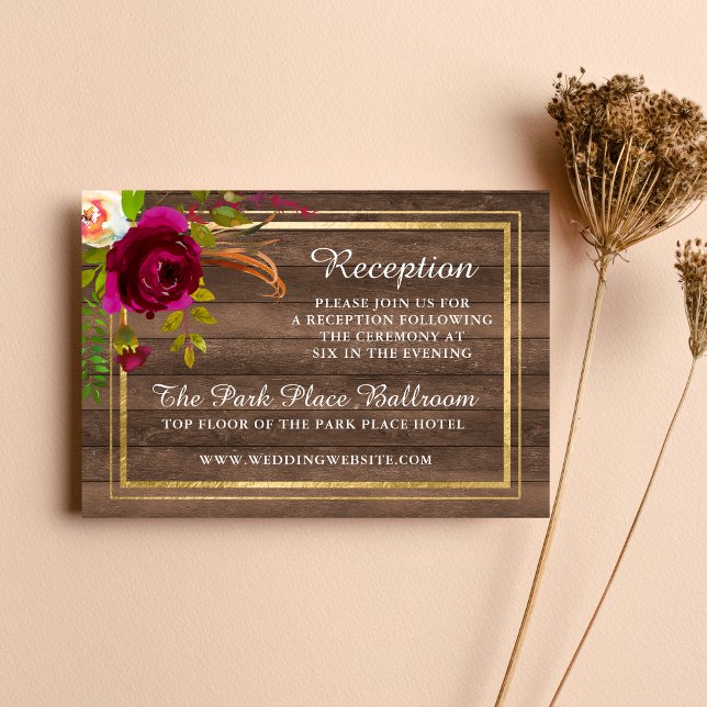 Burgundy Floral Rustic Gold Blush Rose Reception Enclosure Card (Creator Uploaded)
