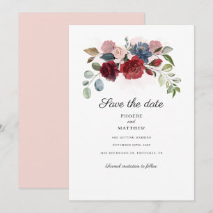 Burgundy Floral Rustic Greenery Modern Save The Date