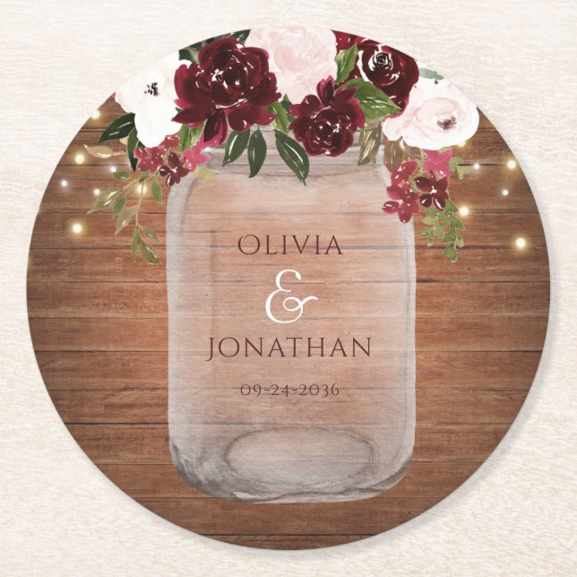 Burgundy Floral Rustic Mason Jar Wedding Round Paper Coaster (Front)