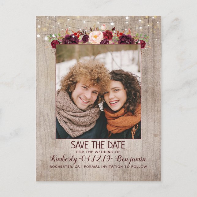 Burgundy Floral Rustic Photo Save the Date Announcement Postcard (Front)