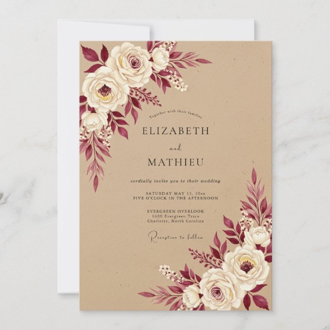 Burgundy Floral Rustic Romance Wedding Invitation (Front)