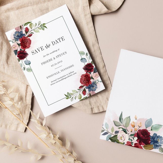 Burgundy Floral Rustic Save the Date Card (Burgundy Floral Botanical Wedding Save the Date Announcement)