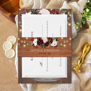 Burgundy Floral Rustic String Lights Wedding Invitation Belly Band