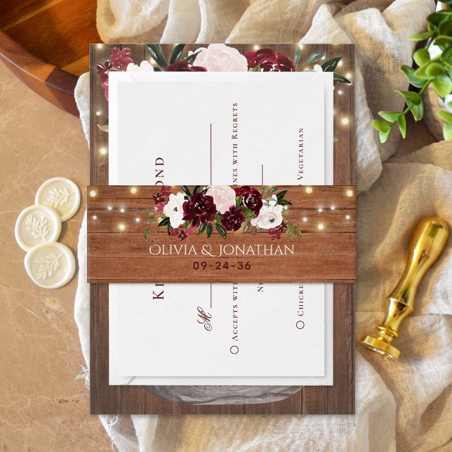 Burgundy Floral Rustic String Lights Wedding Invitation Belly Band (Creator Uploaded)